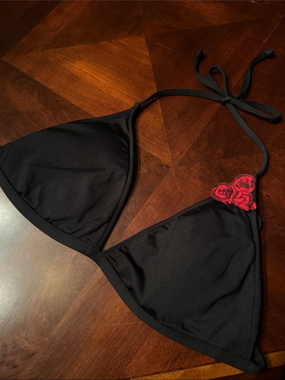 Black Triangle Bikini Top with Red Accent Crochet Detail